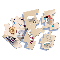 Puzzle pieces in a pile feature images such as an aspirin pill, blood pressure monitor, broken cigarette, two droplets, computer with charts, graph with arrows pointing up, compass, and EvidenceNOW logo.