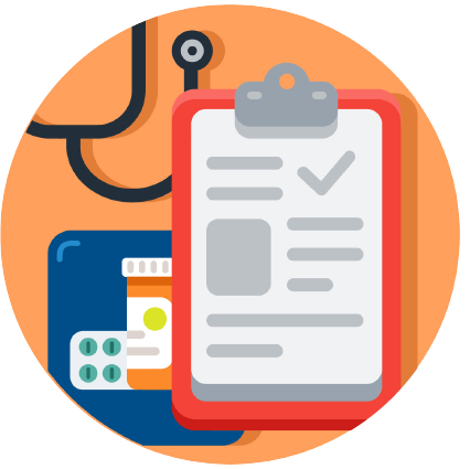 Icon with checklist on a clipboard and stethoscope in background