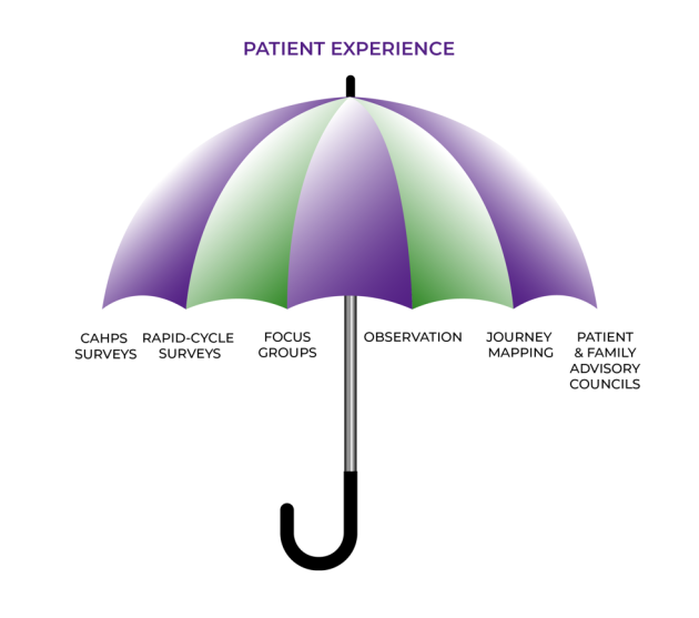Ways to Measure Patient Experience. Patient Experience is represented as an open umbrella. Under it are CAHPS Surveys, Rapid-Cycle Surveys, Focus Groups, Observation, Journey Mapping, and Patient and Family Advisory Councils.