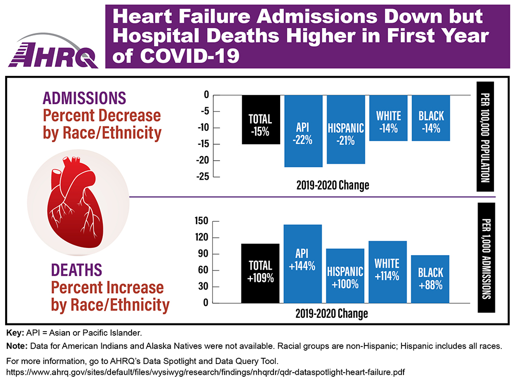 Two bar charts showing percent decrease in admissions and percent increase in deaths. Percent decrease in admissions by race/ethnicity, 2019-2020 change in rate per 100,000 population: total, down 15%; Asian or Pacific Islander, down 22%, Hispanic, down 21%, White, down 14%, Black, down 14%. Percent increase in deaths by race/ethnicity, 2019-2020 change in rate per 1,000 admissions: total, up 109%; Asian or Pacific Islander, up 144%, Hispanic, up 100%, White, up 114%, Black, up 88%.