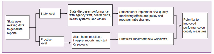 Figure 1 - This flow chart shows the pathway and techniques used by the six participating States to disseminate information from quality reports at the State level and practice level to improve performance on quality measures.