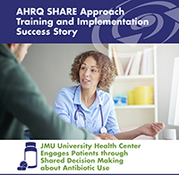 Man talks with doctor. AHRQ SHARE Approach Training and Implementation Success Story JMU University Health Center Engages Patients through Shared Decision Making about Antibiotic Use