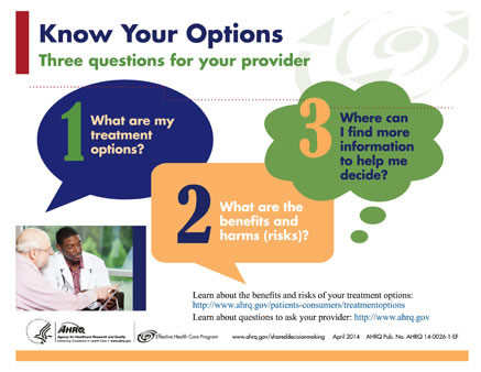 Man looks at form with doctor. Know Your Options: Three questions for your provider 1. What are my treatment options? 2. What are the benefits and harms (risks)? 3. Where can I find more information to help me decide? Learn about the benefits and risks of your treatment options: http://www.ahrq.gov/patients-consumers/treatmentoptions Learn about questions to ask your provider: http://www.ahrq.gov Agency for Healthcare Research and Quality  Effective Health Care Program www.ahrq.gov/shareddecisionmaking April 2014