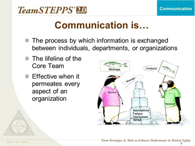 Text Description is below the image. Image: Two penguins are trying to communicate across a wall labeled assumptions, fatigue, distractions, and HIPAA. The source penguin is thinking about a message. The receiver penguin is holding a sign with the same message. The source sends a message to the receiver and the receiver sends feedback to the source.