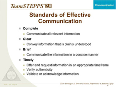 communication effective barriers teamstepps nursing therapeutic fundamentals standards information office timely care communicate module which instructor healthcare tools clear team
