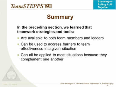 In the preceding section, we learned that teamwork strategies and tools: Are available to both team members and leaders. Can be used to address barriers to team effectiveness in a given situation. Can all be applied to most situations because they complement one another.