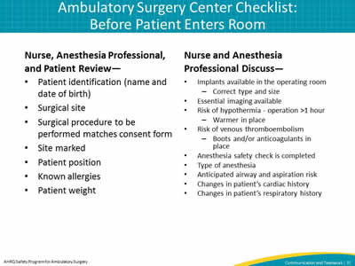 Ambulatory Surgery Center Checklist: Before Patient Enters Room