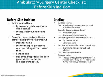 Ambulatory Surgery Center Checklist: Before Skin Incision