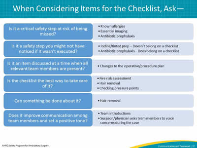 When Considering Items for the Checklist, Ask