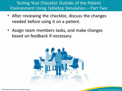 After reviewing the checklist, discuss the changes needed before using it on a patient. Assign team members tasks, and make changes based on feedback if necessary.