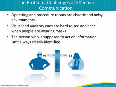 Operating and procedure rooms are chaotic and noisy environments. Visual and auditory cues are hard to see and hear when people are wearing masks. The person who is supposed to act on information isn't always clearly identified.