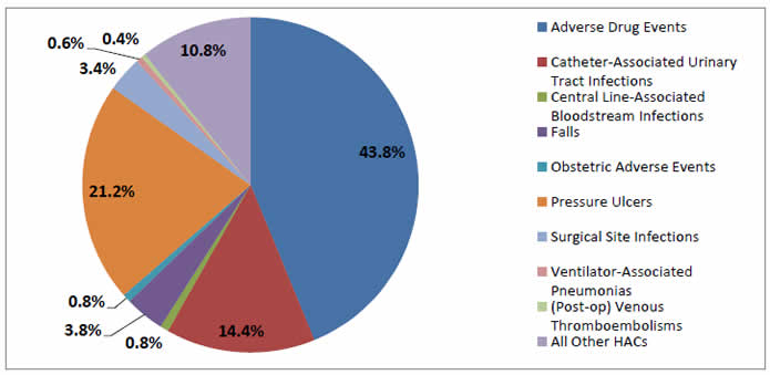 Pie chart shows Change in HACs by type. Adverse Drug Events - 43.8%; Catheter-Associated Urinary Tract Infections - 14.4%; Central Line-Associated Bloodstream Infections - 0.8%; Falls - 3.8%; Obstetric Adverse Events - 0.8%; Pressure Ulcers - 21.2%; Surgical Site Infections - 3.4%; Ventilator-Associated Pneumonias - 0.6%; (Post-op) Venous Thromboembolisms - 0.4%; All Other HACs - 10.8%.