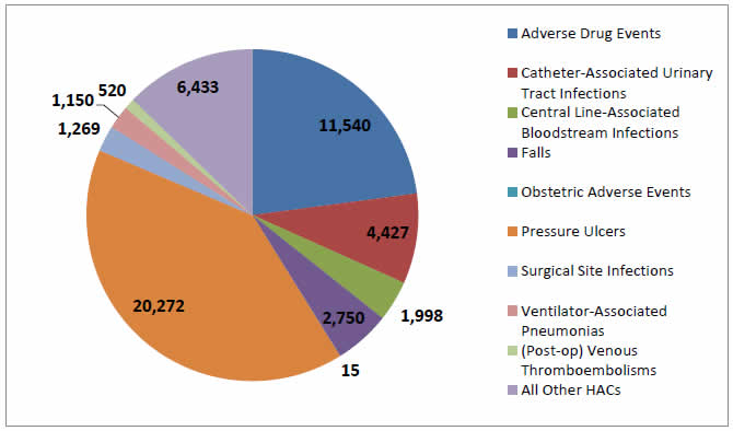 Pie chart shows Estimated Deaths Averted, by type of HAC. Adverse Drug Events - 11,540; Catheter-Associated Urinary Tract Infections - 4,427; 
Central Line-Associated Bloodstream Infections - 1,998; Falls - 2,750; Obstetric Adverse Events - 15; Pressure Ulcers - 20,272; Surgical Site Infections - 1,269; Ventilator-Associated Pneumonias - 1,150; (Post-op) Venous Thromboembolisms - 520; All Other HACs - 6,433.