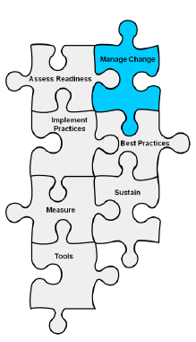 Drawing of jigsaw puzzle with the following pieces: Assess Readiness, Manage Change, Implement Practices, Best Practices, Measure, Sustain, Tools. Manage Change is highlighted.
