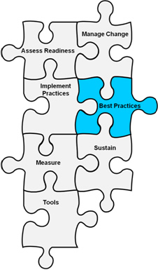 Image shows seven interconnected puzzle pieces labeled Assess Readiness, Manage Change, Implement Practices, Best Practices, Measure, Sustain, and Tools. The piece labeled Best Practices is highlighted in blue.