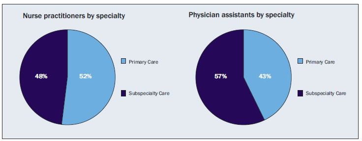 The pie chart on the left shows visits to primary care physicians (51.3%) versus visits to subspecialists (48.7%.) The pie chart on the right shows visits within primary care to family physicians/general practitioners (45.23%) versus visits to general internists (31.19%) versus general pediatricians (23.59%).