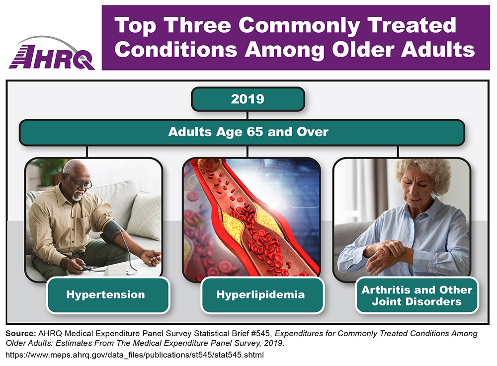 Infographic showing top three commonly treated conditions among adults age 65 and over in 2019: hypertension, hyperlipidemia, and arthritis and other joint disorders. Photos include an older man taking his blood pressure, a drawing of a blood vessel, and an older woman grasping her wrist.