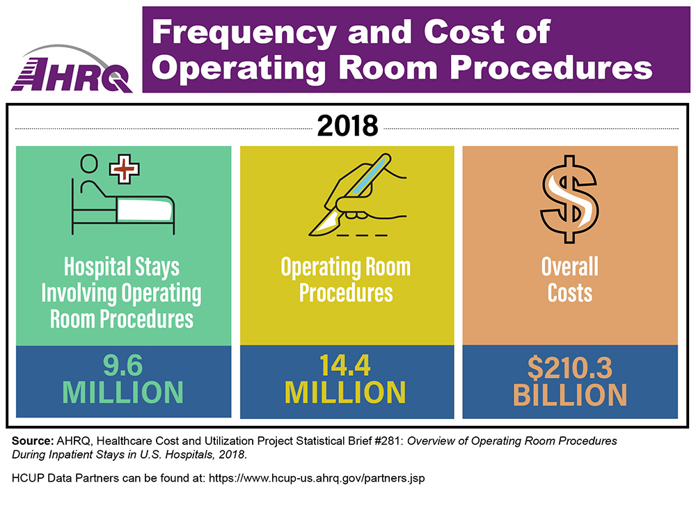  Infographic Drawing of patient in hospital bed: hospital stays involving operating room procedures, 9.6 million; drawing of hand holding scalpel: operating room procedures, 14.4 million; drawing of dollar sign: overall costs, $210.3 billion.