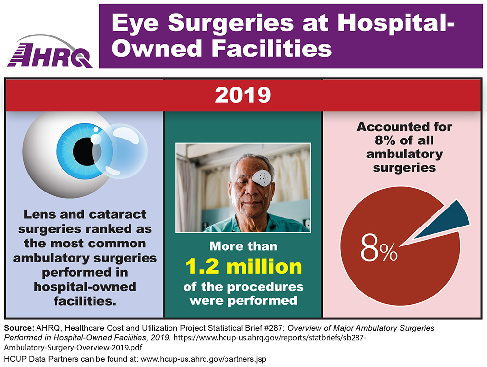 Three panels with information for 2019. Drawing of eyeball with lens in front of it and text Lens and cataract surgeries ranked as the most common ambulatory surgeries performed in hospital-owned facilities; photo of older man with eye patch and text More than 1.2 million of the procedures were performed; pie chart showing that eye surgeries accounted for 8% of all ambulatory surgeries.