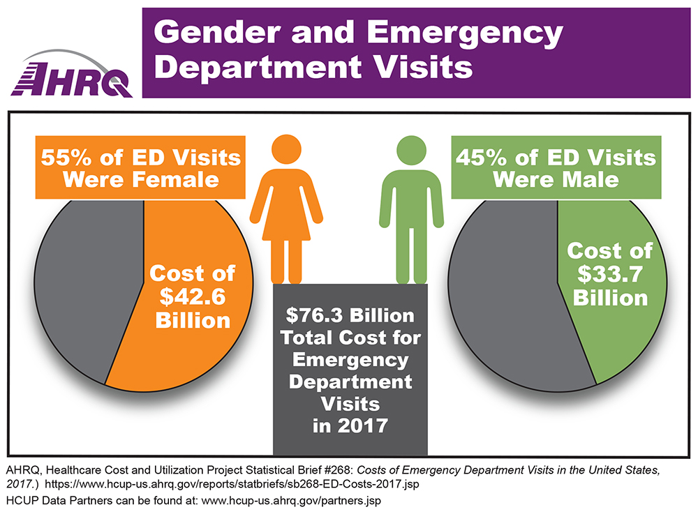 Out of $76.3 billion in total cost for emergency department visits in 2017, 55% of visits were female and 45% of visits were male. Women’s costs totaled $42.6 billion and Men’s costs totaled $33.7 billion.