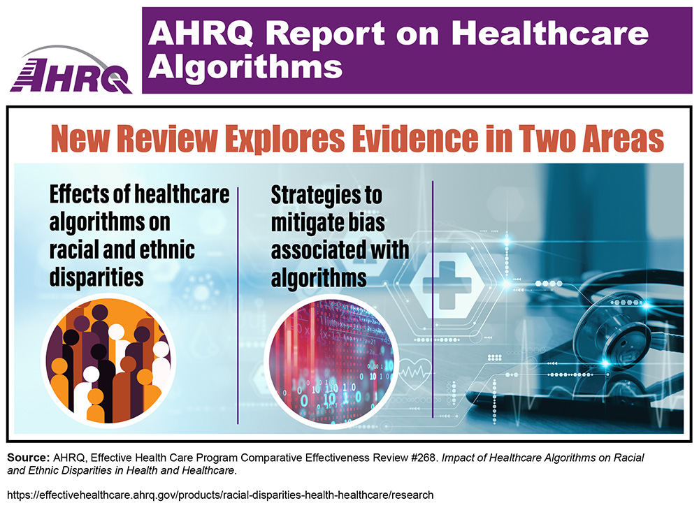 Infographic with two areas of focus in healthcare algorithms report: effects of healthcare algorithms on racial and ethnic disparities and strategies to mitigate bias associated with algorithms.