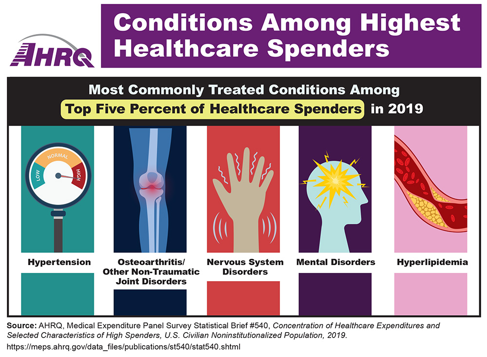 Infographic showing most commonly treated conditions among top five percent of healthcare spenders in 2019: hypertension (with drawing of meter on high), osteoarthritis/other non-traumatic joint disorders (with drawing of knee showing inflammation), nervous system disorders (with drawing of hand indicating shaking/tremor), mental disorders (with drawing of health with starburst indicating an illness), and hyperlipidemia (with drawing of blood vessel clogged by fat cells).