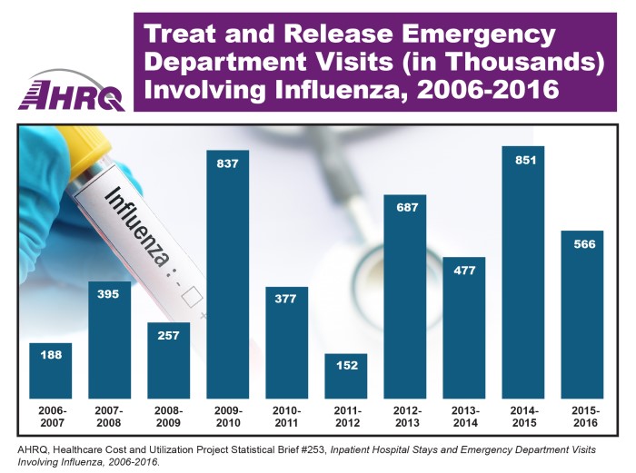 Treat and Release Emergency Department Visits (in Thousands) Involving Influenza, 2006-2016: 2006-2007: 188; 2007-2008: 395; 2008-2009: 257; 2009-2010: 837; 2010-2011: 377; 2011-2012: 152; 2012-2013: 687; 2013-2014: 477; 2014-2015: 851; 2015-2016: 566.