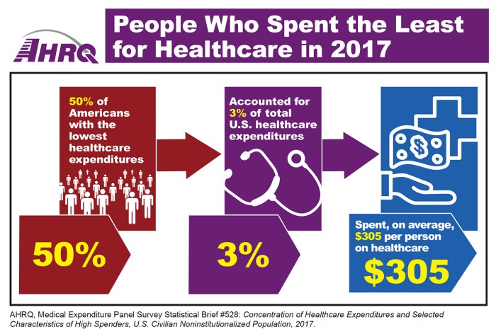 People Who Spent the Least for Healthcare in 2017: 50 percent of Americans with the lowest healthcare expenditures accounted for 3 percent of total healthcare expenditures spent, on average, $305 per person on healthcare.