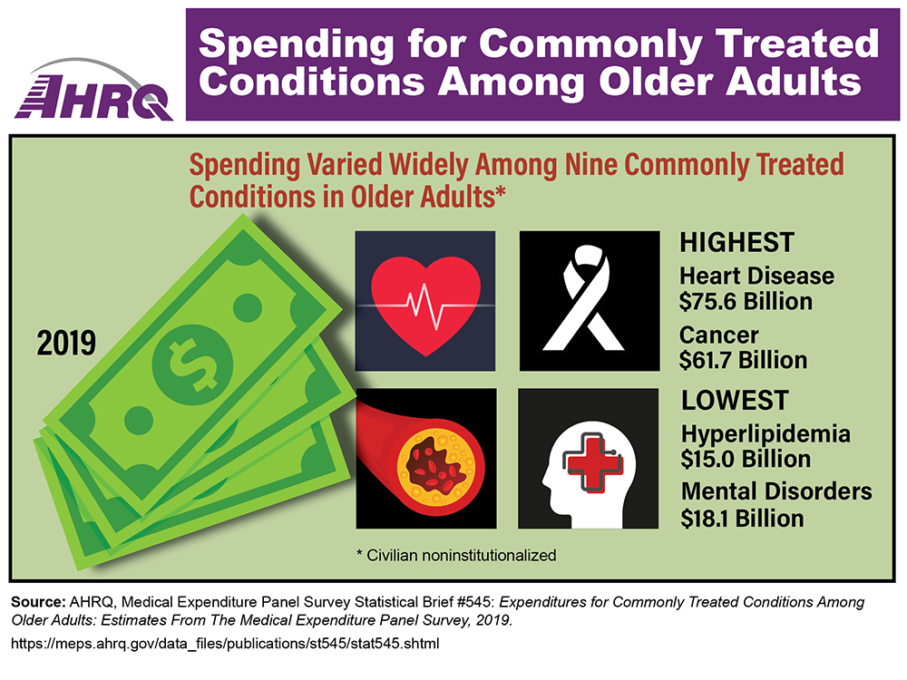 Infographic showing spending for commonly treated conditions among older adults in 2019: Spending varied widely among nine commonly treated conditions in older adults: Highest, heart disease, $75.6 billion, cancer, $61.7 billion; lowest, hyperlipidemia, $15.0 billion, mental disorders, $18.1 billion. Drawings include dollar bills, a heart with a pulse line, a white ribbon, an artery with fat cells, and a head with a red cross on it.