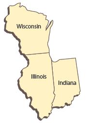 Wisconsin, Illinois, and Indiana on a map of the United States.