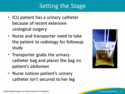 ICU patient has a urinary catheter. Nurse and transporter need to take the patient to radioloy for followup study. Transporter grabs the urinary catheter bag. Nurse notices patient's urinary catheter isn't secured to her leg.