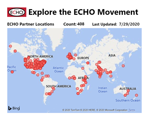 This figure to Explore the ECHO Movement is a map of North America, South America, Europe, Africa, Asia, and Australia that uses red circles to show the 408 ECHO partner locations.