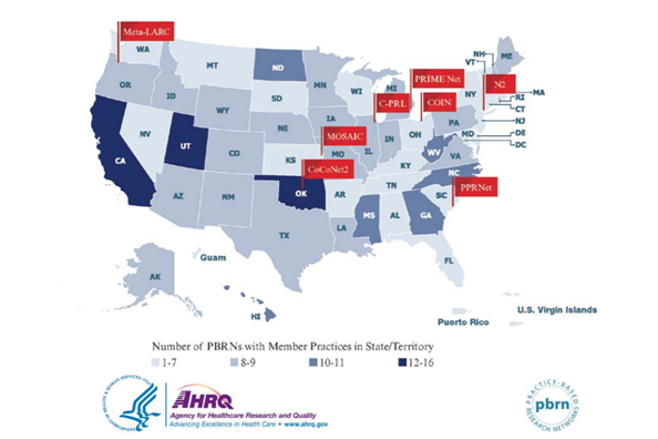 This figure is a map of the United States in blue with 8 Centers of Primary Care Practice-Based Research ad Learning identified with red flags in the states of Washington Oklahoma, Kansas, Illinois, Michigan, Ohio, Connecticut, and South Carolina.