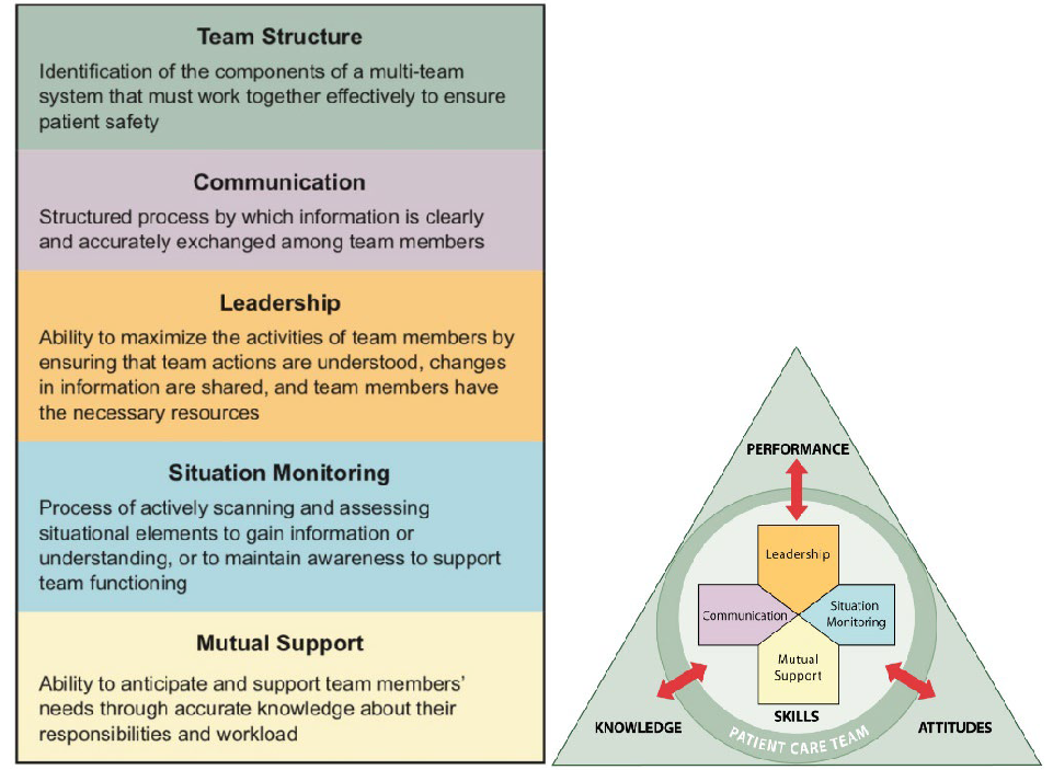 This figure of TeamSTEPPS Key Principles depict colored blocks that lead from team situation at the top followed by blocks for communication, leadership, situation monitoring and mutual support. A triangle to the side of the block shows leadership, communication, situation monitoring and mutual support skills of the patient care team in the center of the triangle, with arrows linking out of the circle to and from performance, knowledge and attitudes in the triangle.