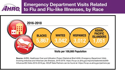 Emergency Department Visits Related to Flu and Flu-like Illnesses, by Race, 2016-2018. Visits per 100,000 Population: Blacks - 5,867. Whites - 3,042. Hispanics - 3,012. Asian/Pacific Islanders - 1.051.