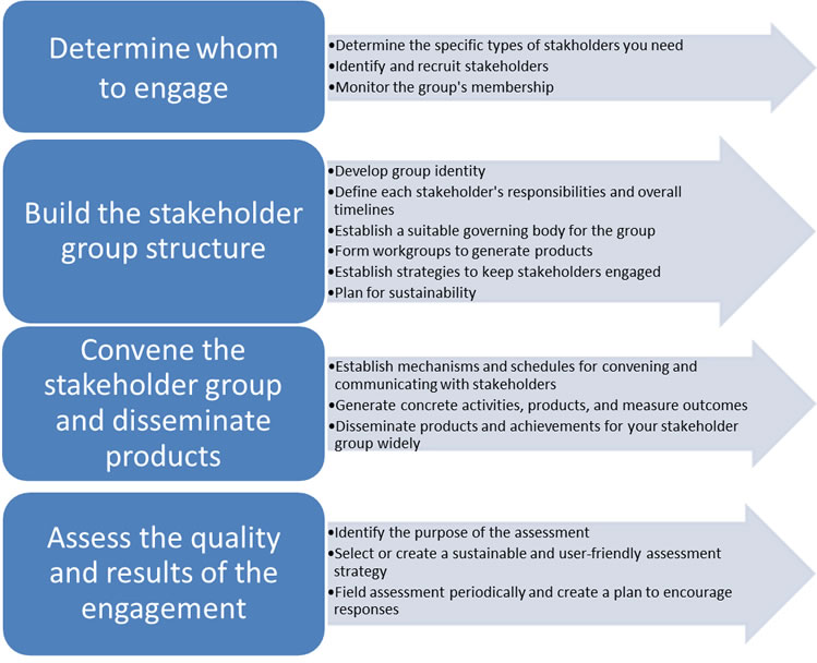 Figure 2 depicts the steps and three to six tasks associated with each step involved in stakeholder engagement. The steps and tasks are described at length in the text of this report.