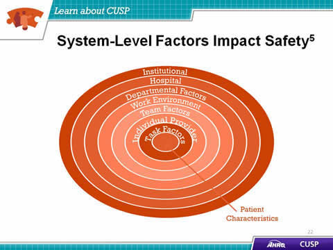 Image: Concentric circles show the layered factors of patient safety. Institutional factors, hospital factors, departmental factors, work environment factors, team factors, individual provider factors, task factors, and patient characteristics all have an effect on patient safety.