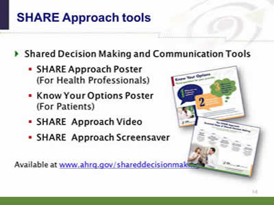Slide 14. The SHARE Approach tools. Shared Decision Making and Communication Tools: SHARE Approach Poster (For Health Professionals). Know Your Options Poster (For Patients). SHARE  Approach Video. SHARE  Approach Screensaver.