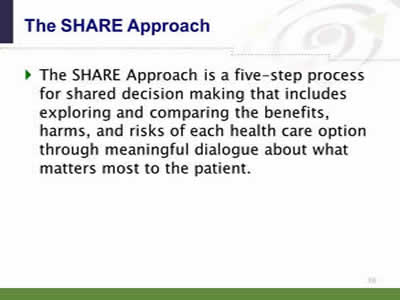 Slide 10: The SHARE Approach. The SHARE Approach is a five-step process for shared decision making that includes exploring and comparing the benefits, harms, and risks of each health care option through meaningful dialogue about what matters most to the patient.