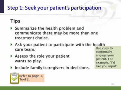 Slide 36: Step 1--Seek your patient's participation—Tips. Tips: Summarize the health problem and communicate there may be more than one treatment choice. Ask your patient to participate with the health care team. Assess the role your patient wants to play. Include family/caregivers in decisions. Use cues to continually engage your patient. For example, I'd like your input. Note: Refer to page 3, Tool 2.