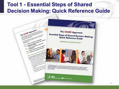 Slide 9: Tool 1--Essential Steps of Shared Decision Making: Quick Reference Guide. (An image of Tool 1, Essential Steps of Shared Decision Making: Quick Reference Guide.)