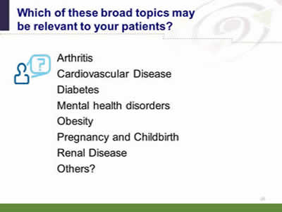 Slide 25: Which of these broad topics may be relevant to your patients? Question: Which of these broad topics may be relevant to your patients? Arthritis? Cardiovascular Disease? Diabetes? Mental health disorders? Obesity? Pregnancy and Childbirth? Renal Disease? Others?