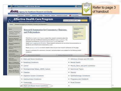 Slide 52: Image of the Effective Health Care Program Web site--Research Summaries for Consumers, Clinicians and Policymakers. (Image of the Effective Health Care Program Web site – Research Summaries for Consumers, Clinicians and Policymakers.) Note: Refer to page 3 of handout.