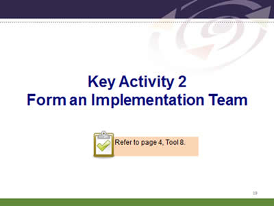 Slide 19: Key Activity 2. Form an Implementation Team. Refer to page 4, Tool 8.