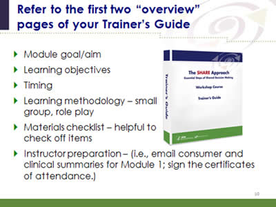 Slide 10: Refer to the first two 'overview' pages of your Trainer's Guide. Module goal/aim. Learning objectives. Timing. Learning methodology – small group, role play. Materials checklist – helpful to check off items. Instructor preparation – (i.e., email consumer and clinical summaries for Module 1; sign the certificates of attendance.) (Image of SHARE Approach Trainer's Guide workbook.)