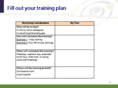 Slide 20: Fill out your training plan. (Image of the training plan worksheet.)