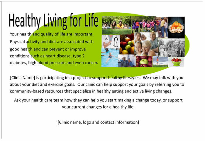 Healthy Living for Life sample poster. Text is below the image. A collage of photographs shows groups of happy people exercising, piles of colorful fruits and vegetables, and a close-up of a physician's hand and stethoscope.