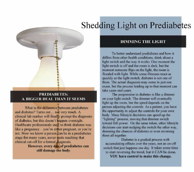 First page of the brochure, 'Shedding Light on Prediabetes.' The brochure compares prediabetes to a dimmer switch for a light; there is no quick transition from On to Off, like a light switch, but a gradual increase of the diabetes condition.
