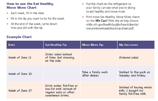 Instructions of how to use the Eat Healthy Move More chart with bullets on filling out the chart ands an example of a completed chart that shows date, eat healthy tip, move more tip, and my successes.