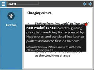 hanging culture  Bulleted list: Shifting from "my work" to "our work," patient focused, beneficence and non-maleficence at the forefront of decision making, urinary catheter use must be condition driven and reevaluated as the conditions change.  Covering the list is a black box with white type defining non-maleficence as a central guiding principle of medicine, first expressed by Hippocrates, and translated into Latin as primum no nocere, first do no harm. McGraw Hill Dictionary of Modern Medicine, 2002, The McGraw-Hill Companies, Inc.